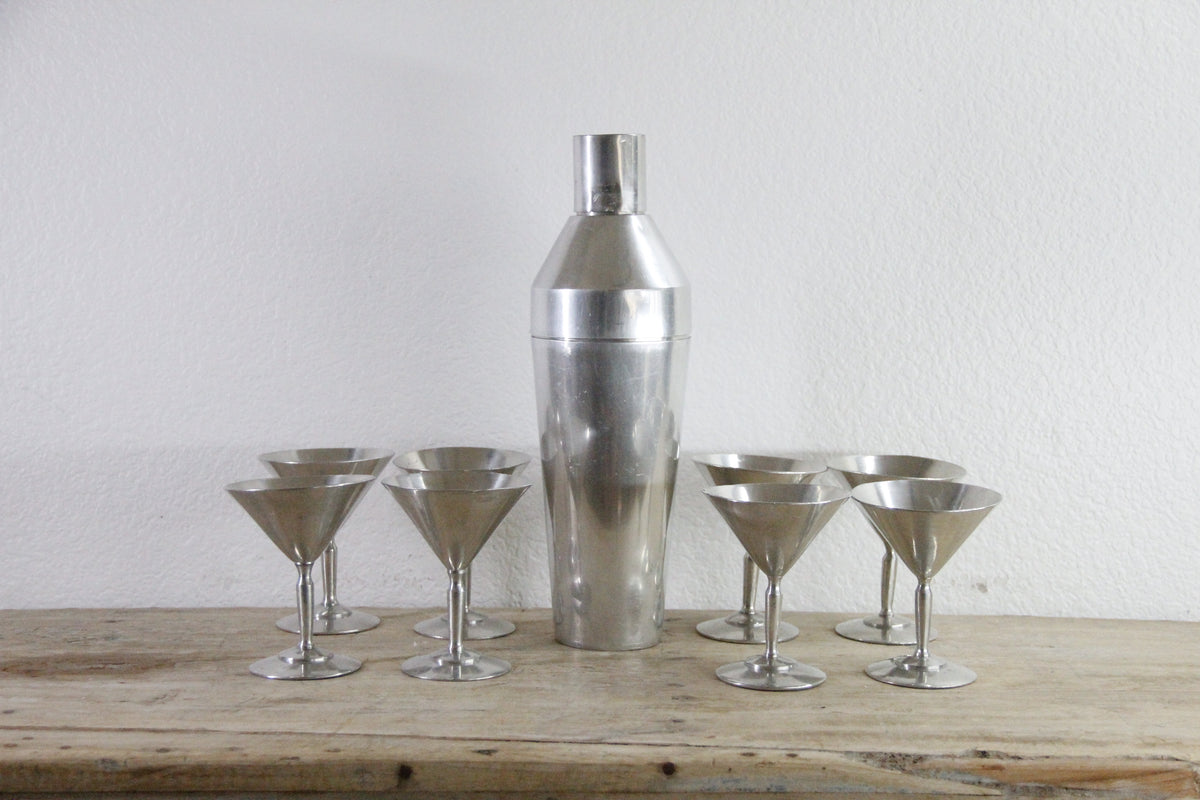 Vintage Cocktail Shaker Set Aluminum with 8 Martini Glasses