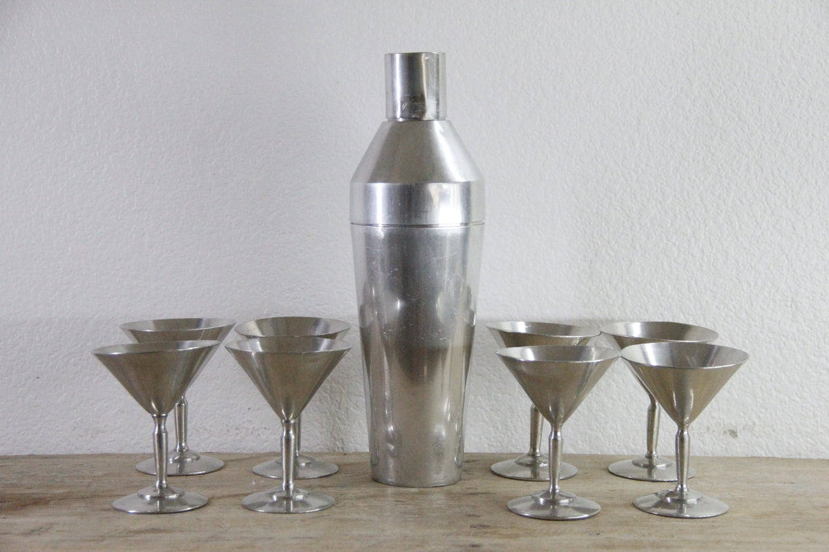 Vintage Cocktail Shaker Set Aluminum with 8 Martini Glasses