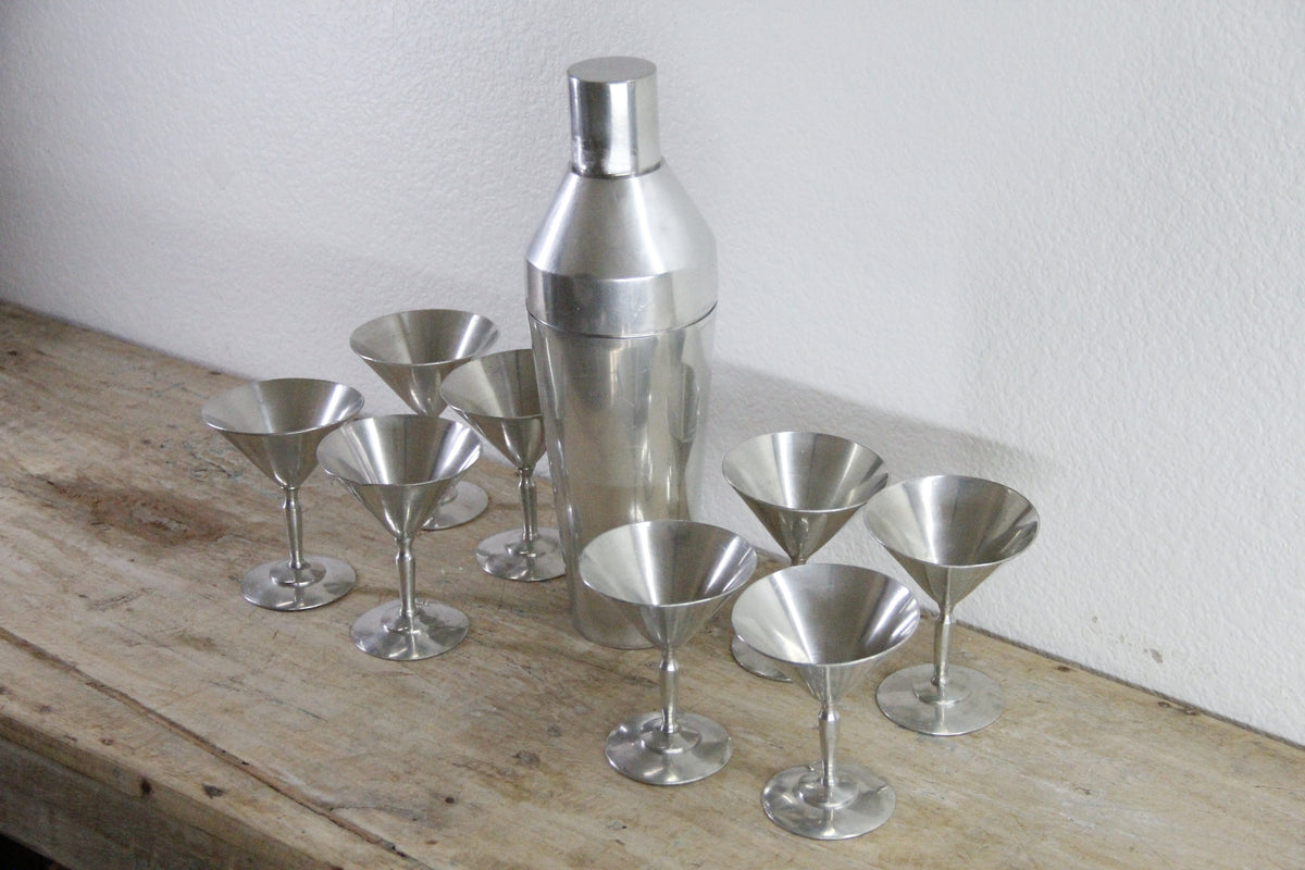 Vintage Cocktail Shaker Set Aluminum with 8 Martini Glasses