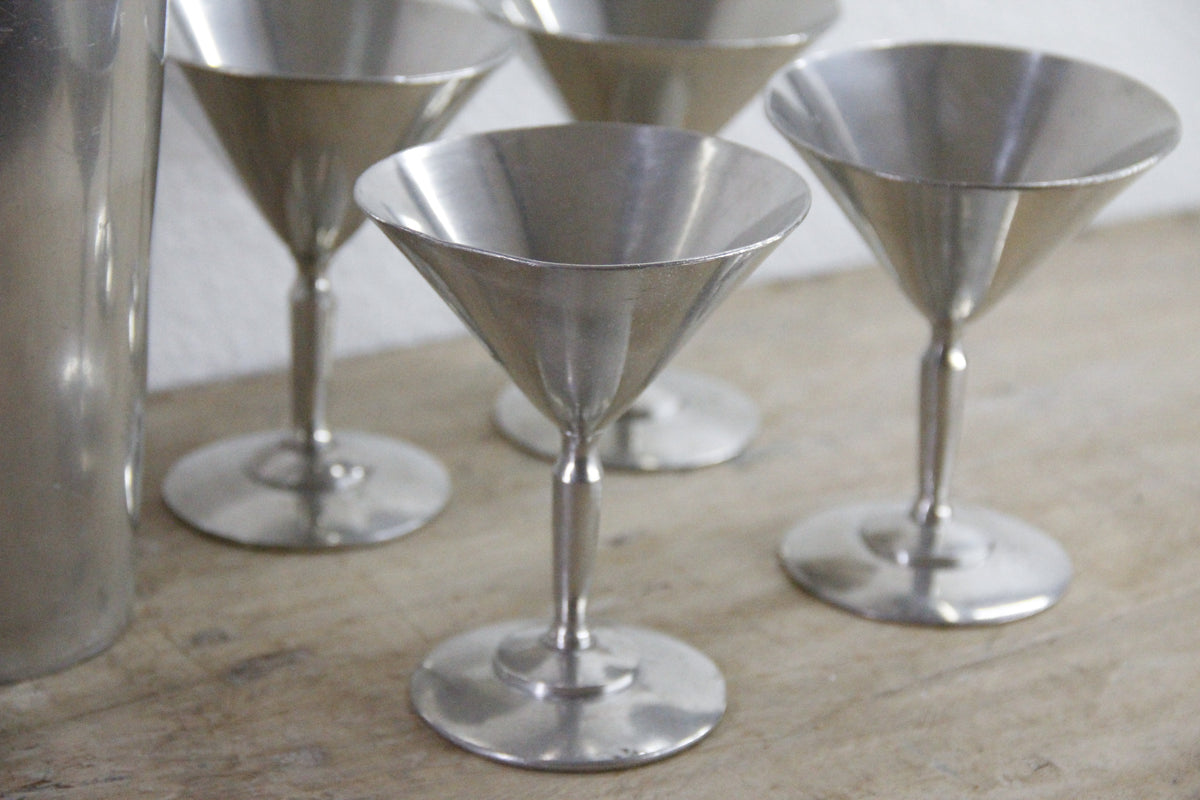 Vintage Cocktail Shaker Set Aluminum with 8 Martini Glasses