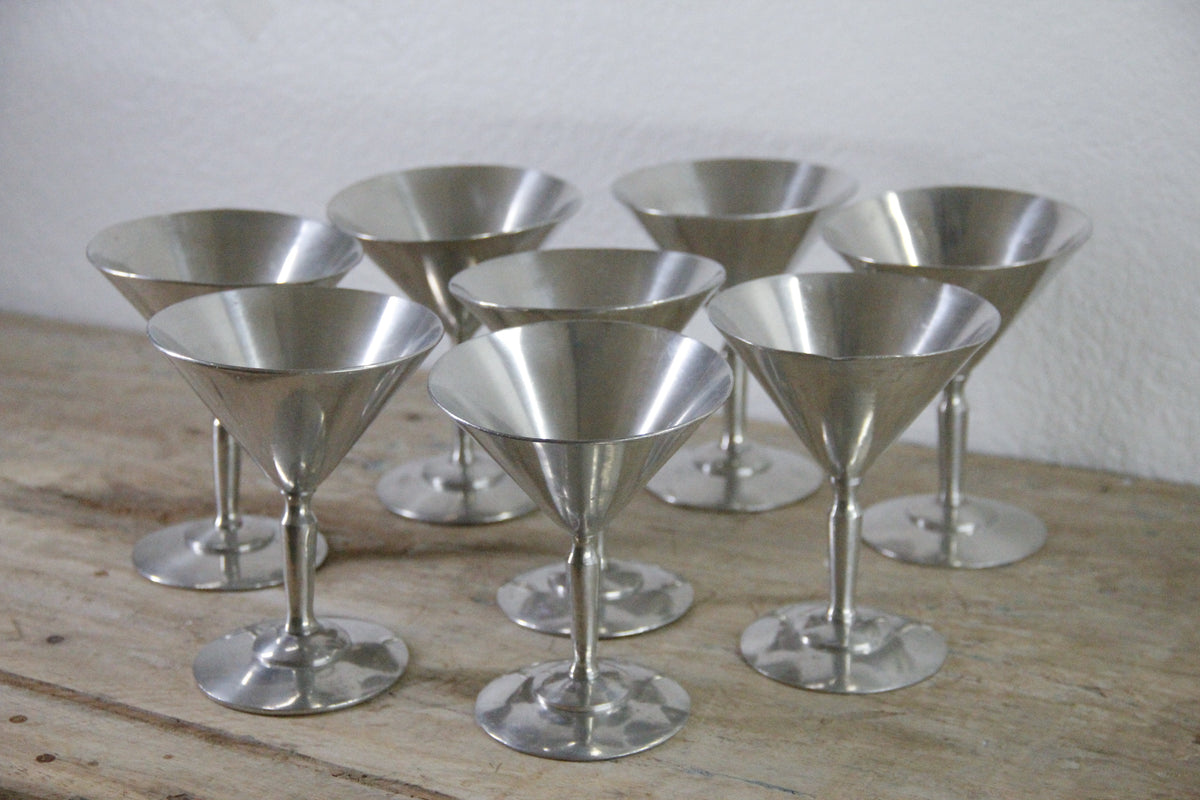 Vintage Cocktail Shaker Set Aluminum with 8 Martini Glasses