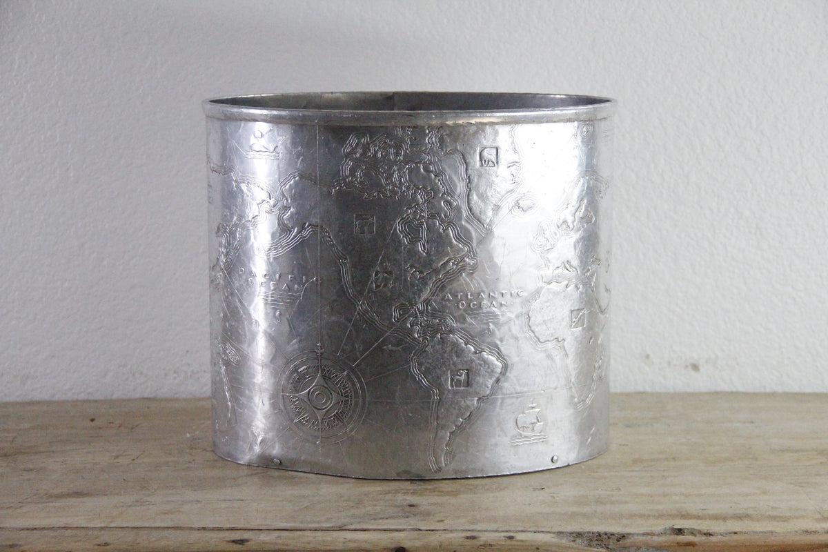Arthur Armour World Map Wastebasket Hammered Aluminum 1930s