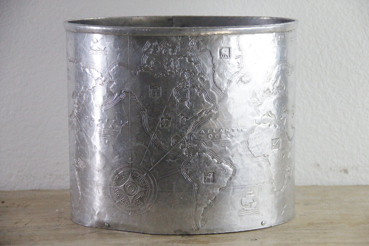 Arthur Armour World Map Wastebasket Hammered Aluminum 1930s