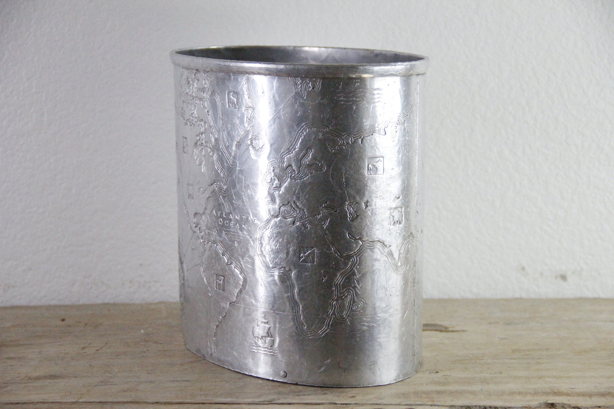 Arthur Armour World Map Wastebasket Hammered Aluminum 1930s