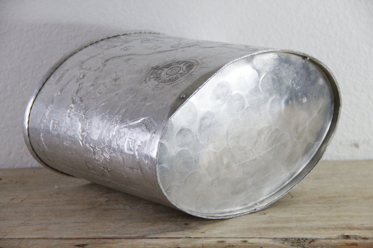 Arthur Armour World Map Wastebasket Hammered Aluminum 1930s