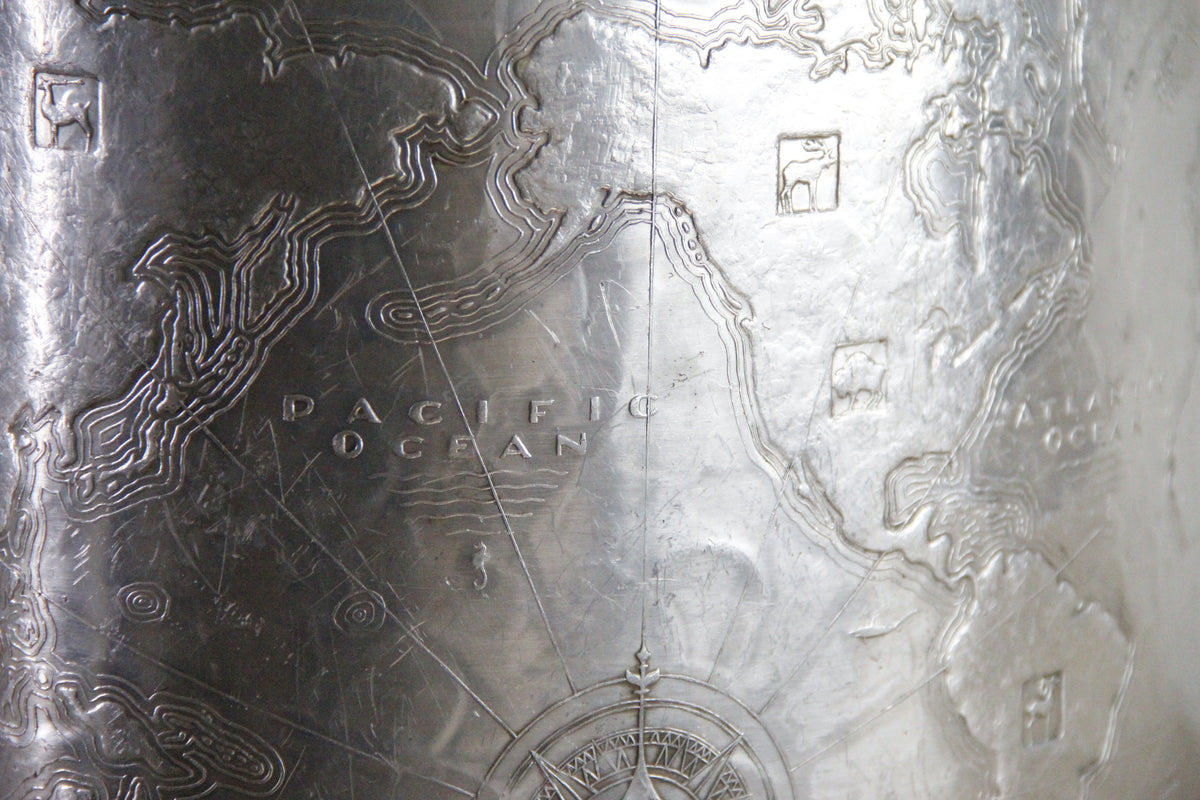 Arthur Armour World Map Wastebasket Hammered Aluminum 1930s