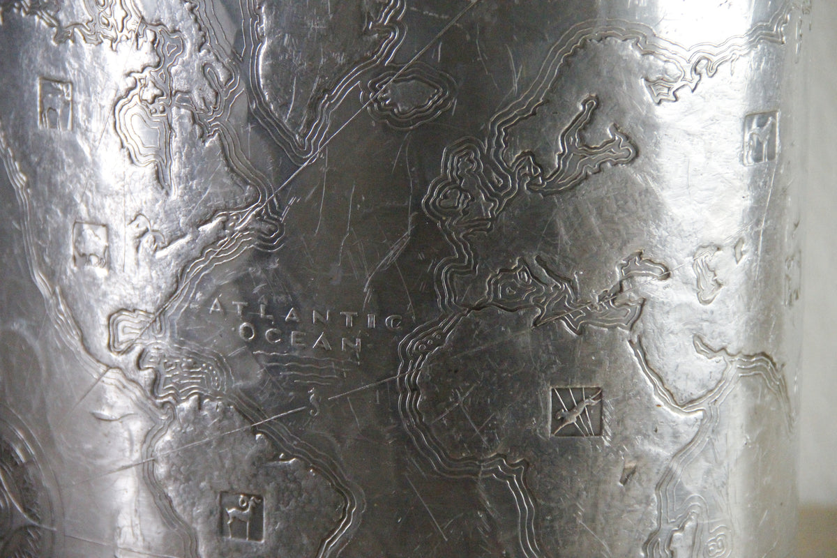 Arthur Armour World Map Wastebasket Hammered Aluminum 1930s