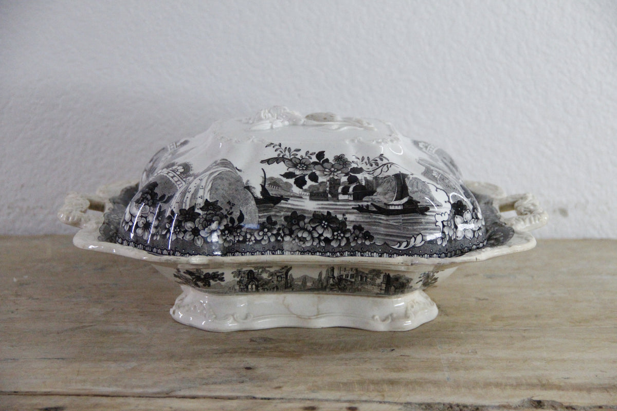 Antique Black Transferware Covered Vegetable Dish Monastery