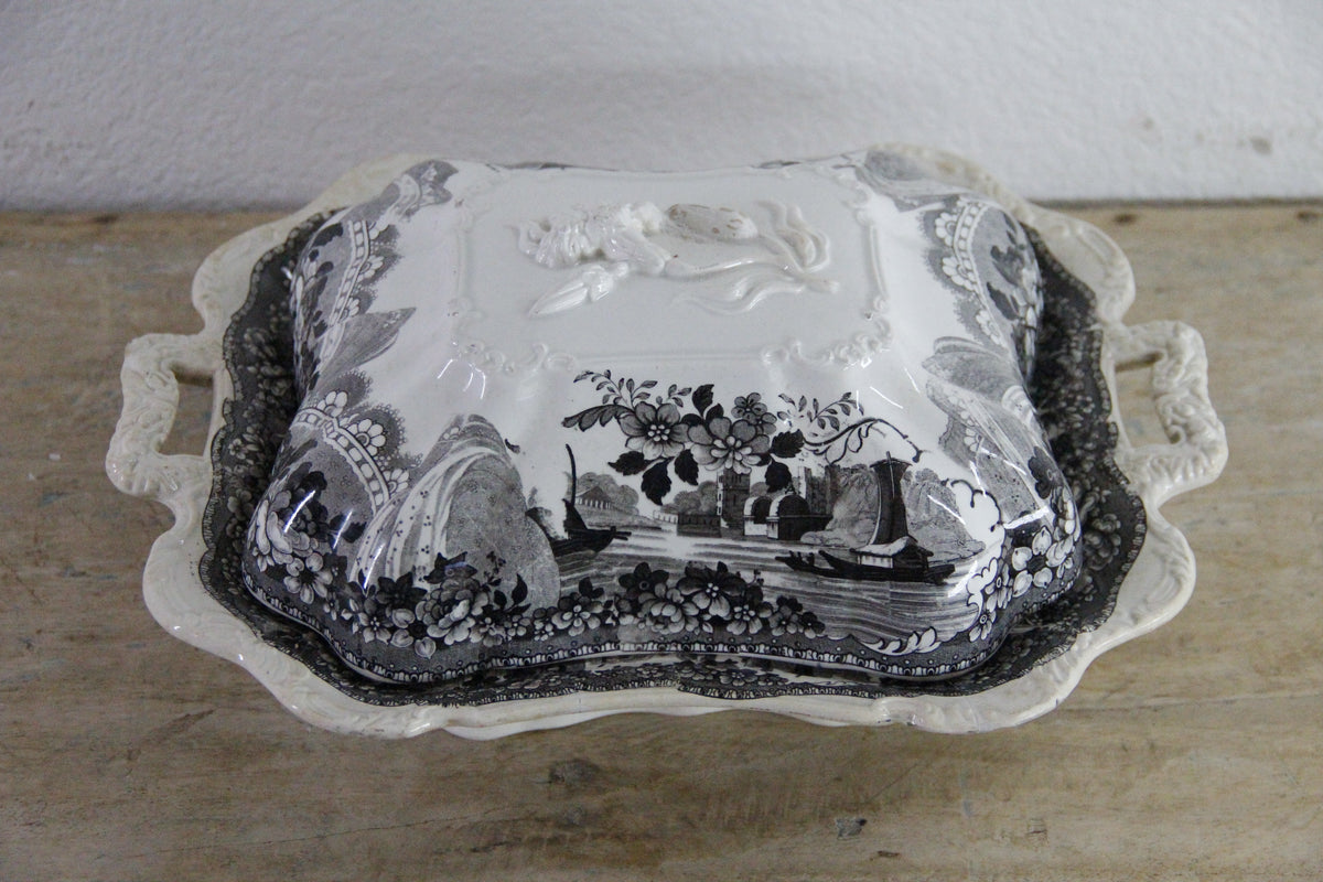 Antique Black Transferware Covered Vegetable Dish Monastery