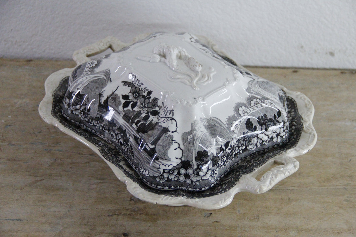 Antique Black Transferware Covered Vegetable Dish Monastery