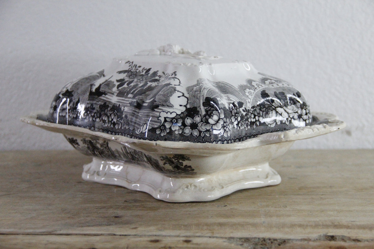 Antique Black Transferware Covered Vegetable Dish Monastery