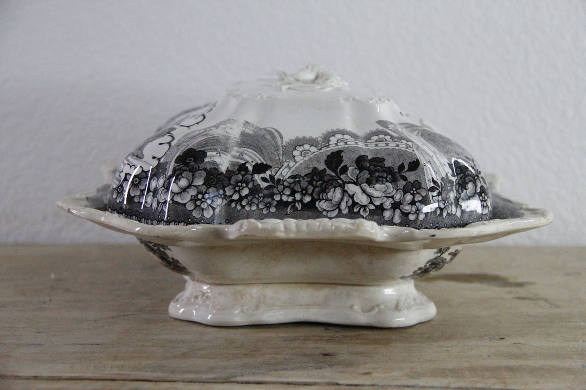 Antique Black Transferware Covered Vegetable Dish Monastery