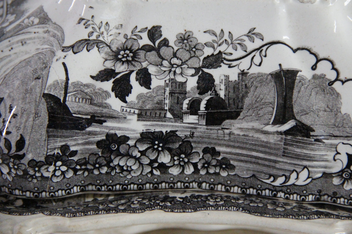 Antique Black Transferware Covered Vegetable Dish Monastery