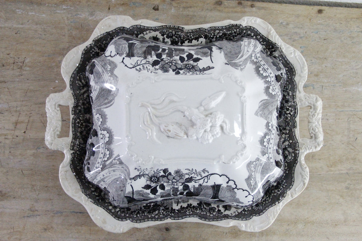 Antique Black Transferware Covered Vegetable Dish Monastery