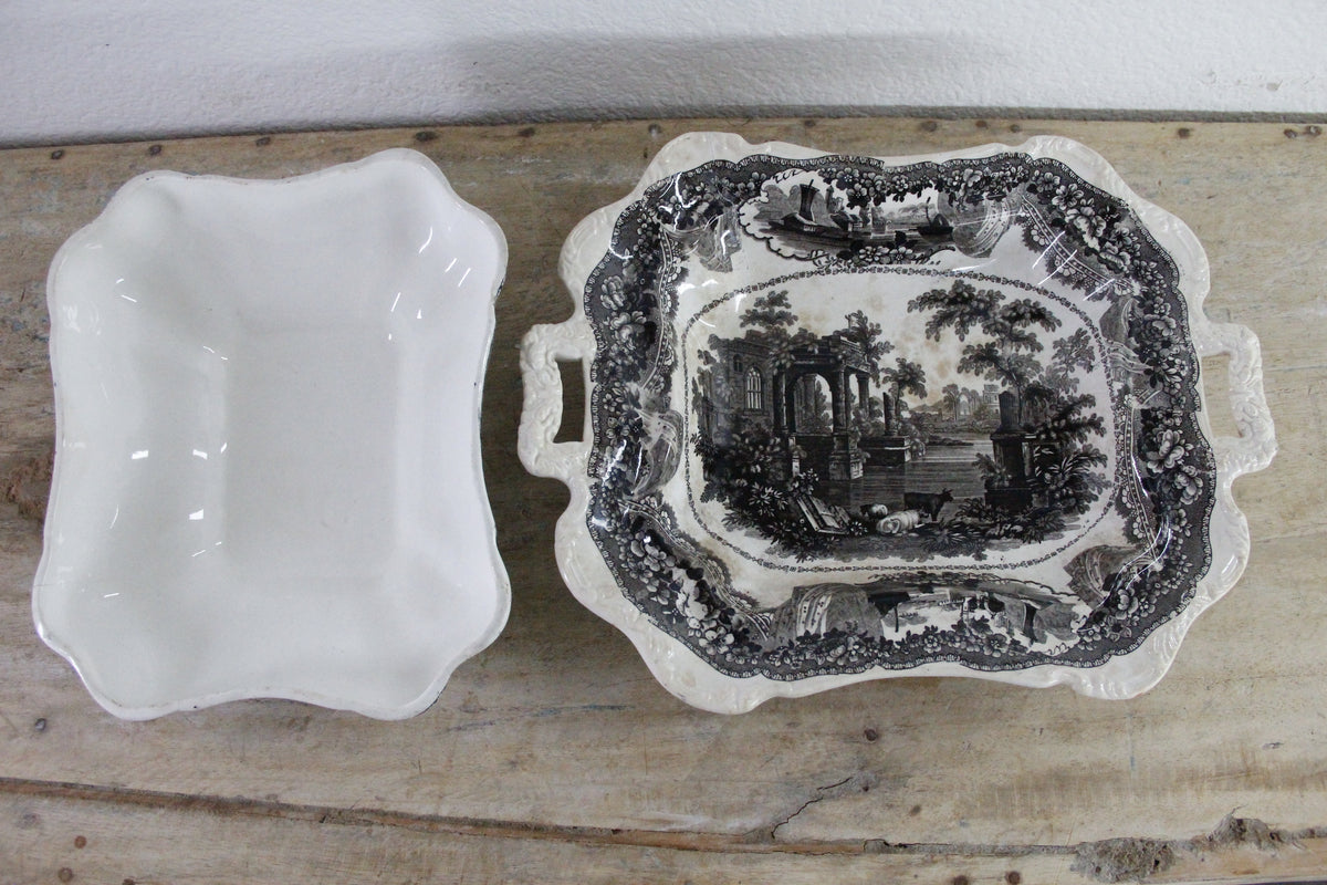 Antique Black Transferware Covered Vegetable Dish Monastery