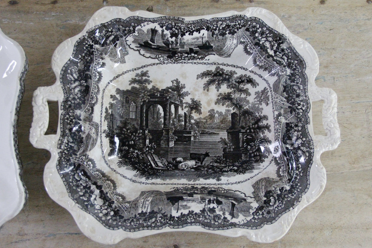 Antique Black Transferware Covered Vegetable Dish Monastery
