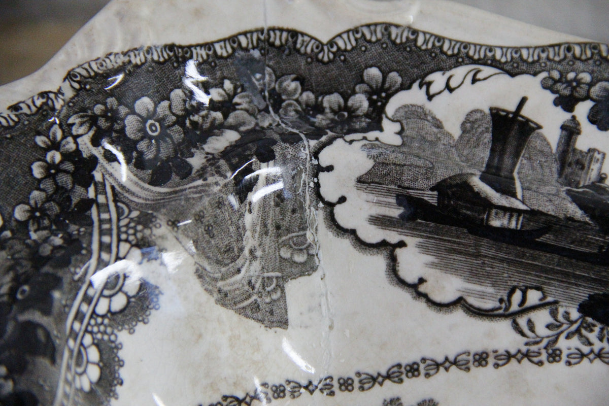 Antique Black Transferware Covered Vegetable Dish Monastery