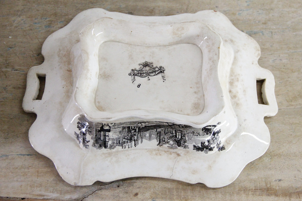 Antique Black Transferware Covered Vegetable Dish Monastery
