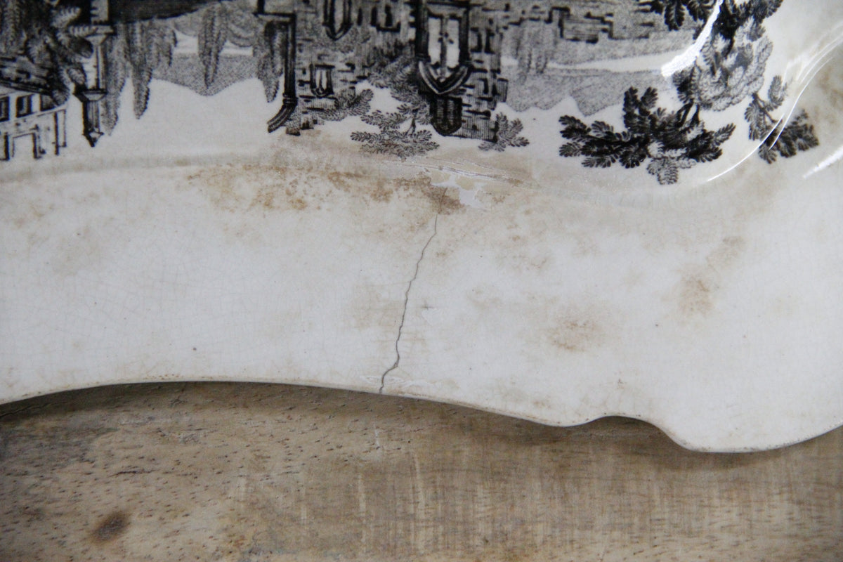 Antique Black Transferware Covered Vegetable Dish Monastery