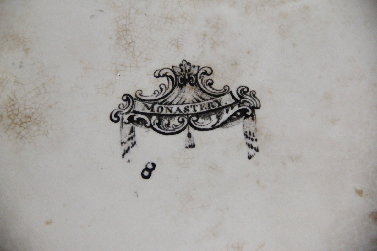 Antique Black Transferware Covered Vegetable Dish Monastery