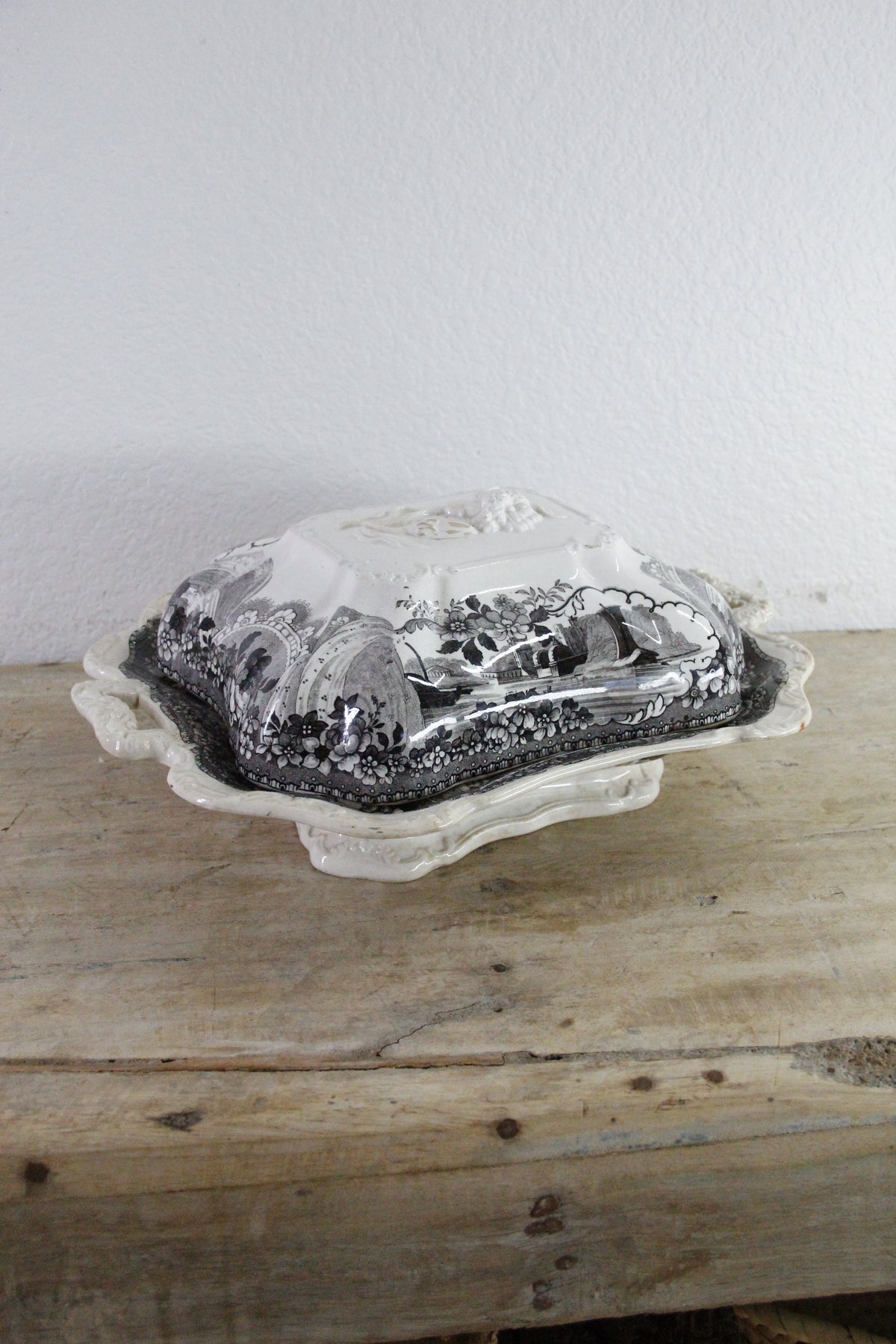 Antique Black Transferware Covered Vegetable Dish Monastery