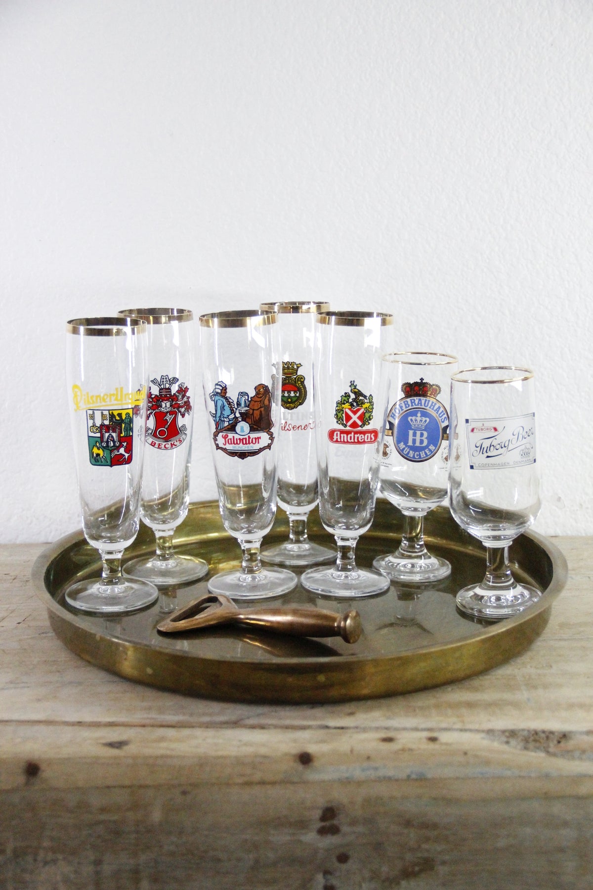 Vintage European Beer Glasses Set of 7 Gold Rim Pilsners