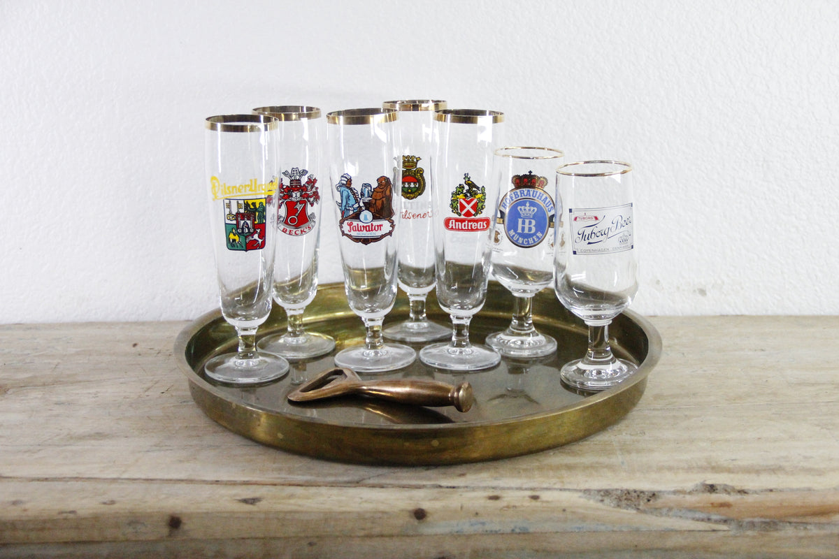 Vintage European Beer Glasses Set of 7 Gold Rim Pilsners