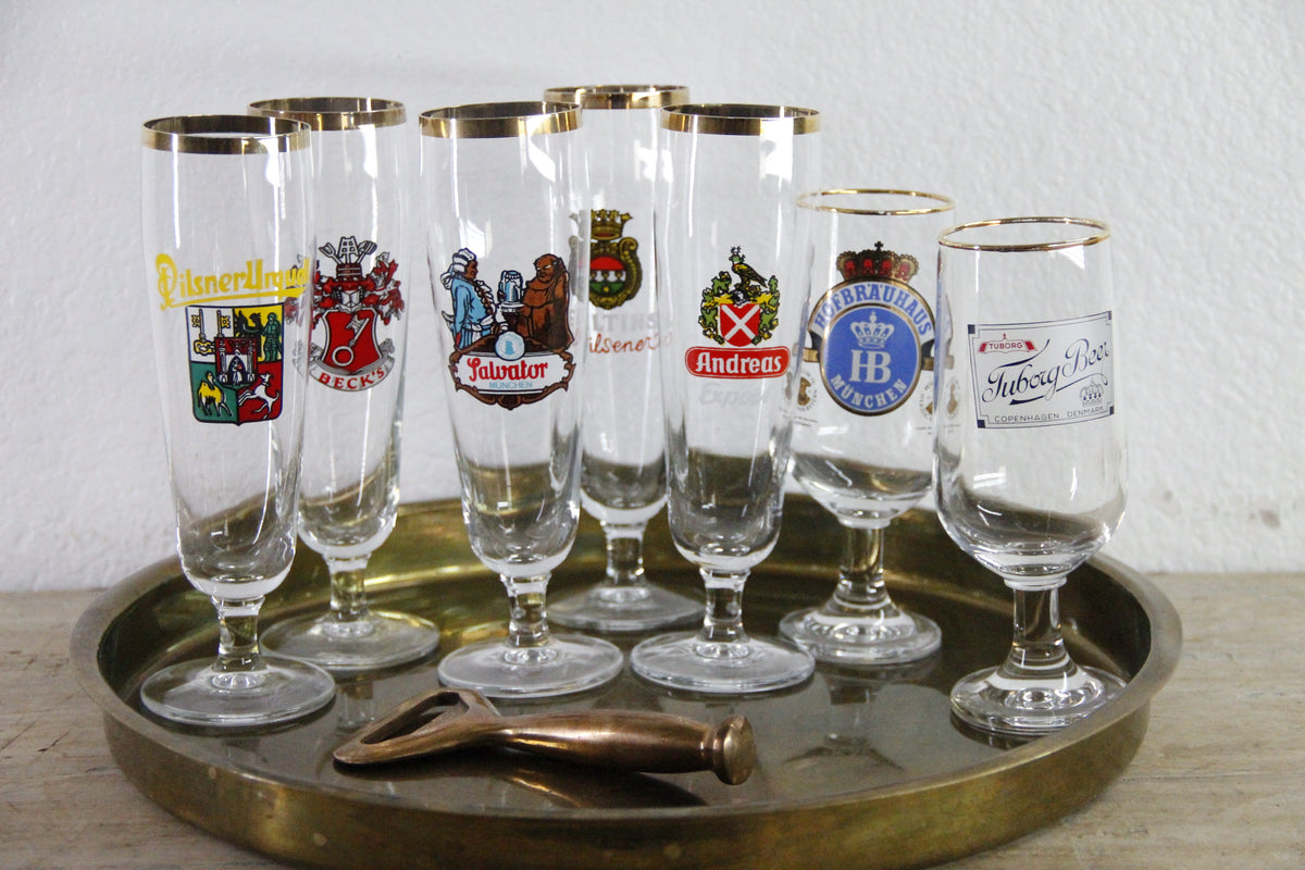 Vintage European Beer Glasses Set of 7 Gold Rim Pilsners