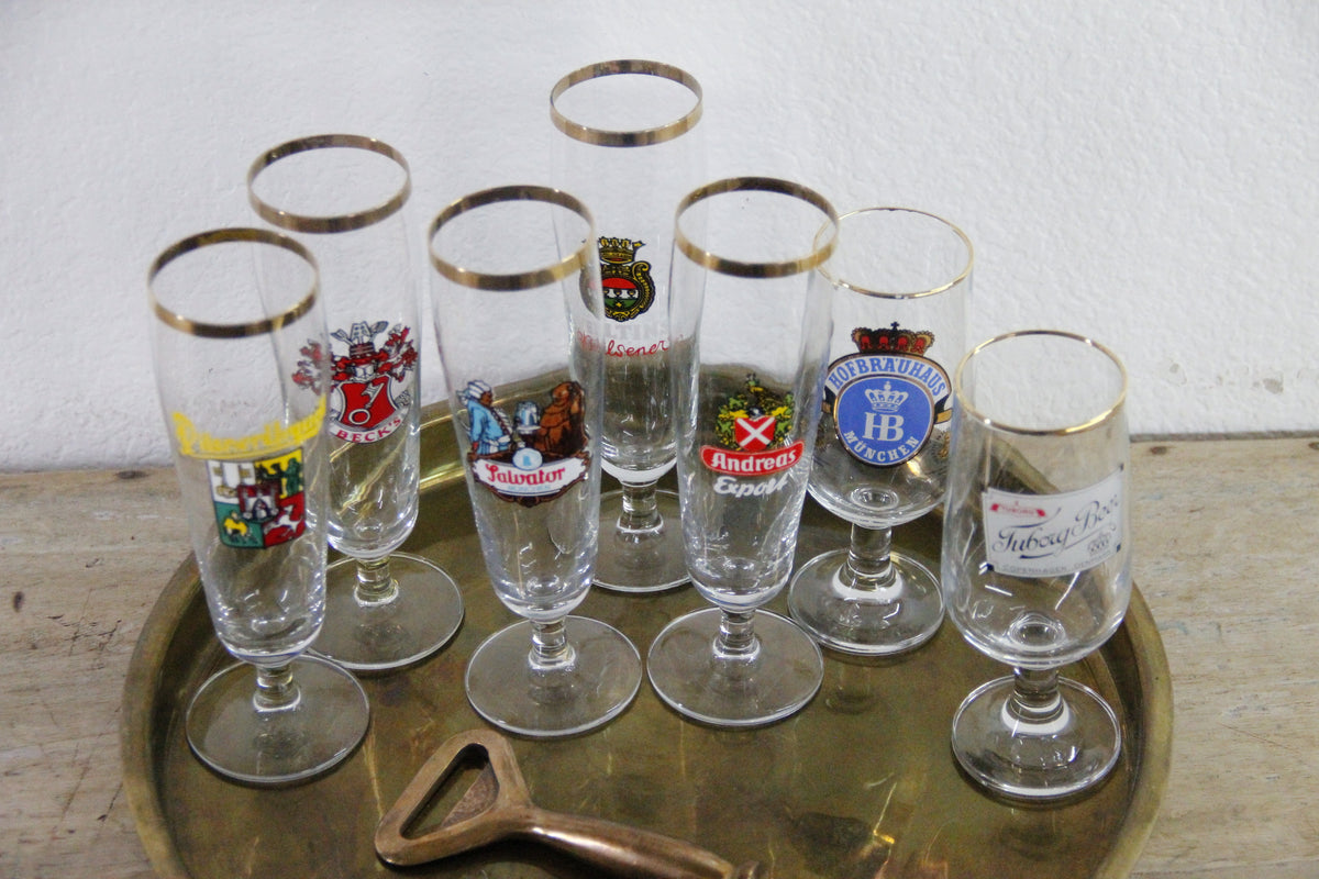 Vintage European Beer Glasses Set of 7 Gold Rim Pilsners