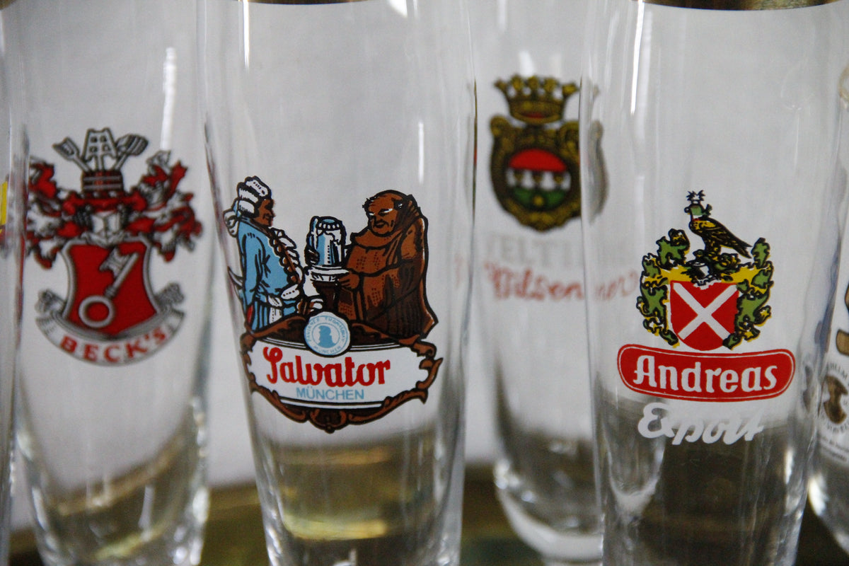 Vintage European Beer Glasses Set of 7 Gold Rim Pilsners