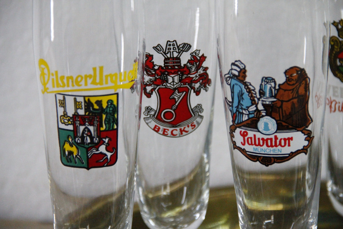 Vintage European Beer Glasses Set of 7 Gold Rim Pilsners