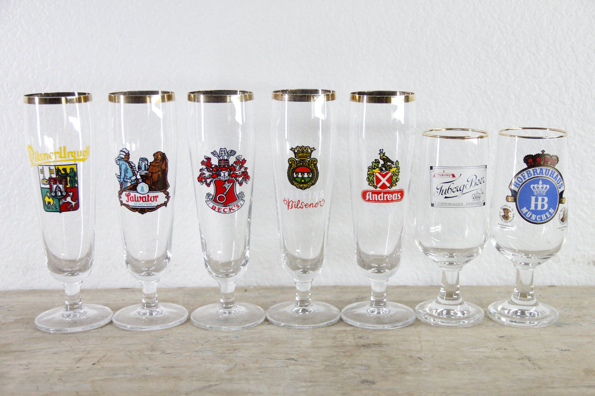 Vintage European Beer Glasses Set of 7 Gold Rim Pilsners