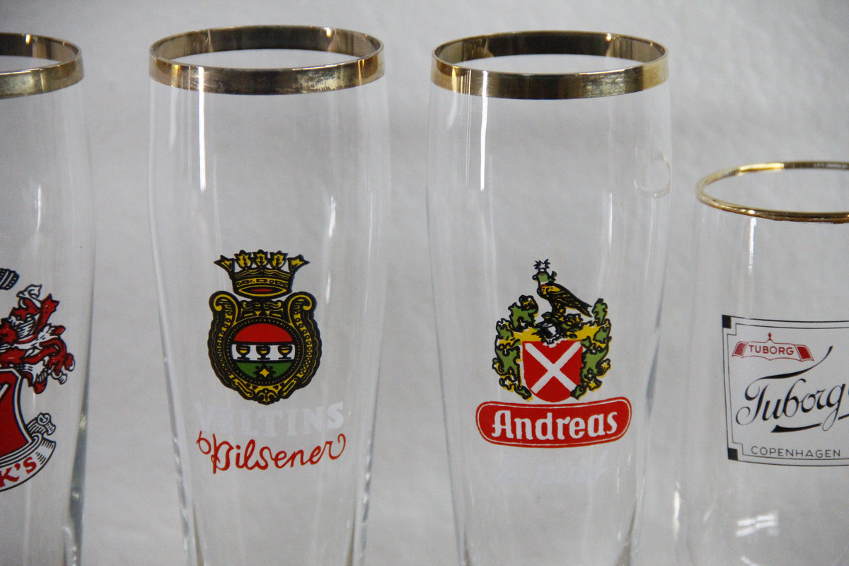 Vintage European Beer Glasses Set of 7 Gold Rim Pilsners