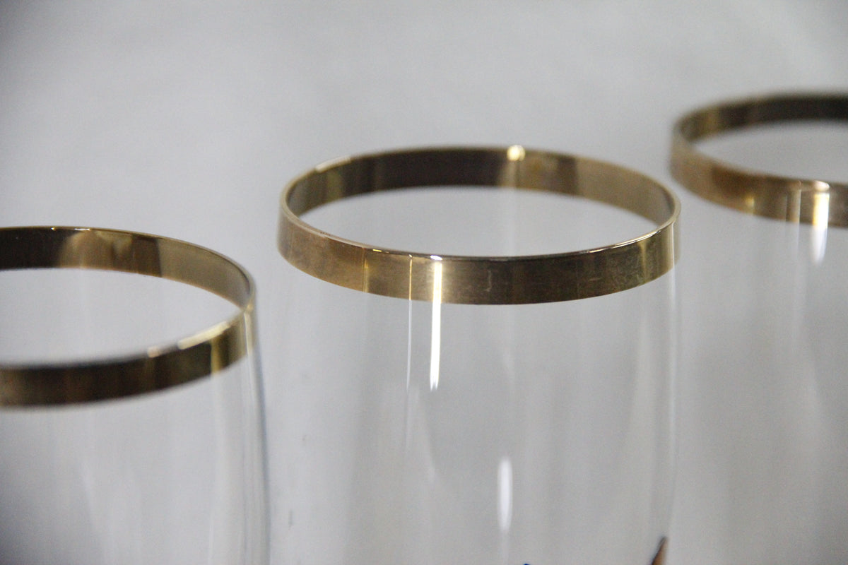 Vintage European Beer Glasses Set of 7 Gold Rim Pilsners