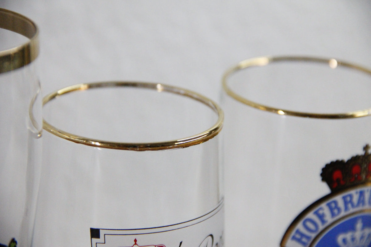 Vintage European Beer Glasses Set of 7 Gold Rim Pilsners