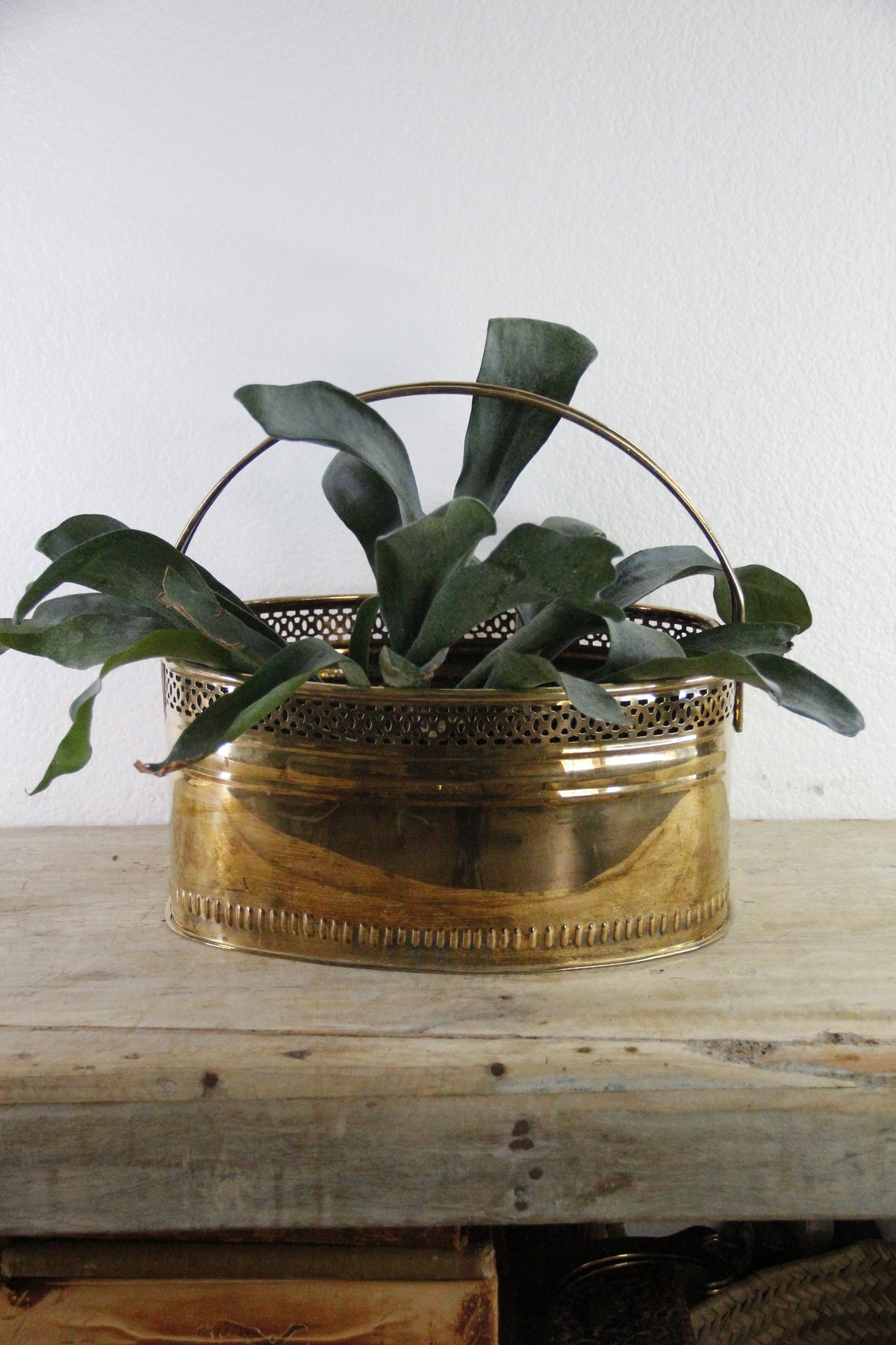 Vintage Brass Basket Planter | Large Reticulated Swing Handle