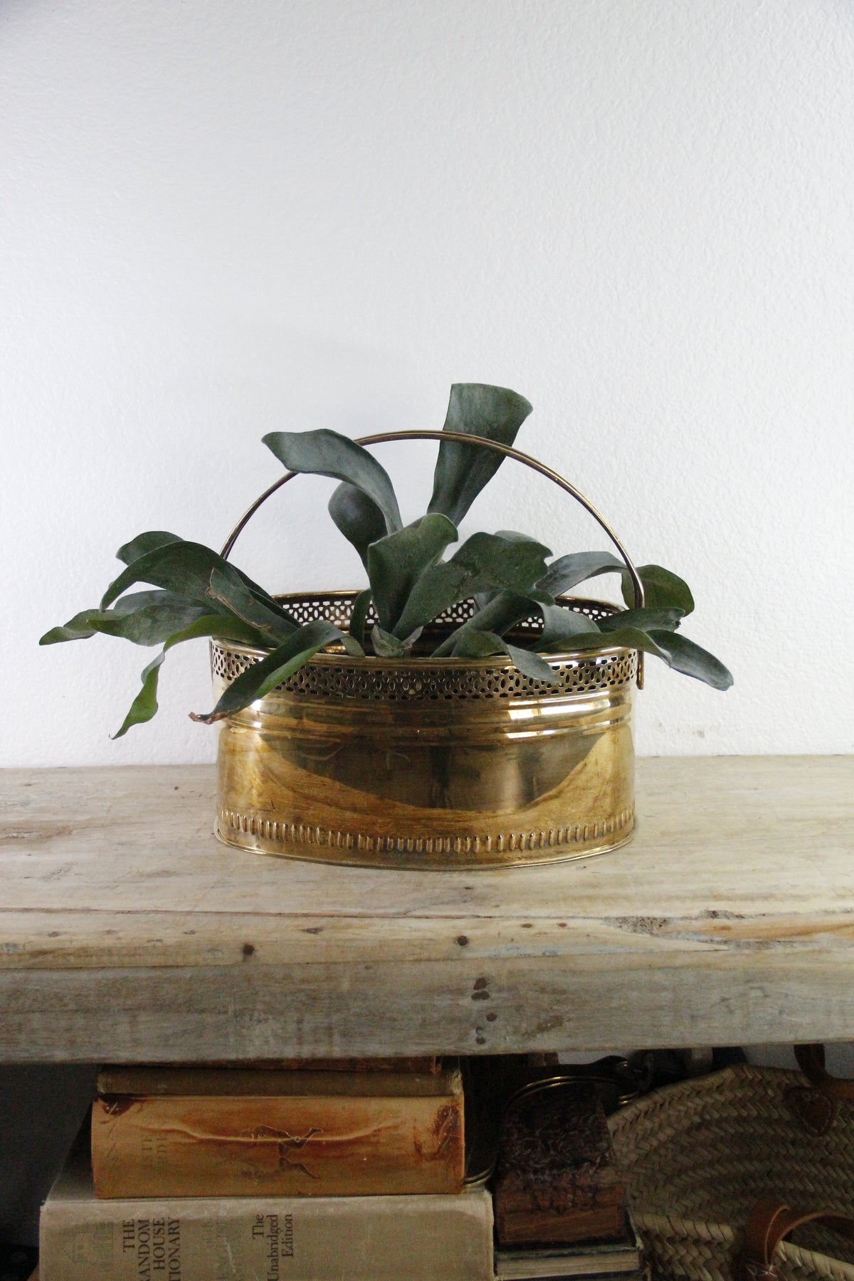 Vintage Brass Basket Planter | Large Reticulated Swing Handle