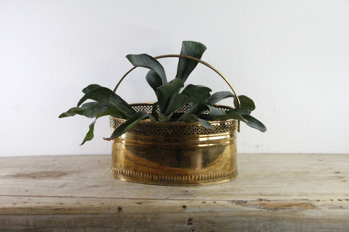 Vintage Brass Basket Planter | Large Reticulated Swing Handle