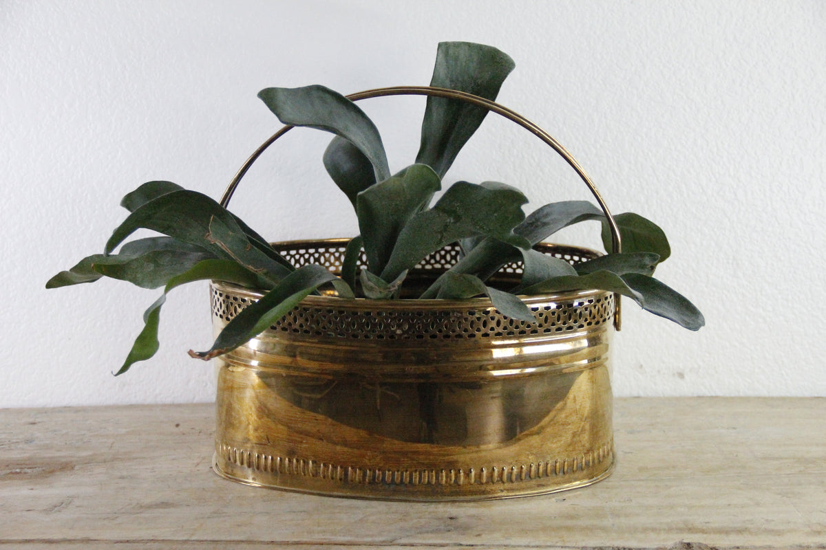 Vintage Brass Basket Planter | Large Reticulated Swing Handle