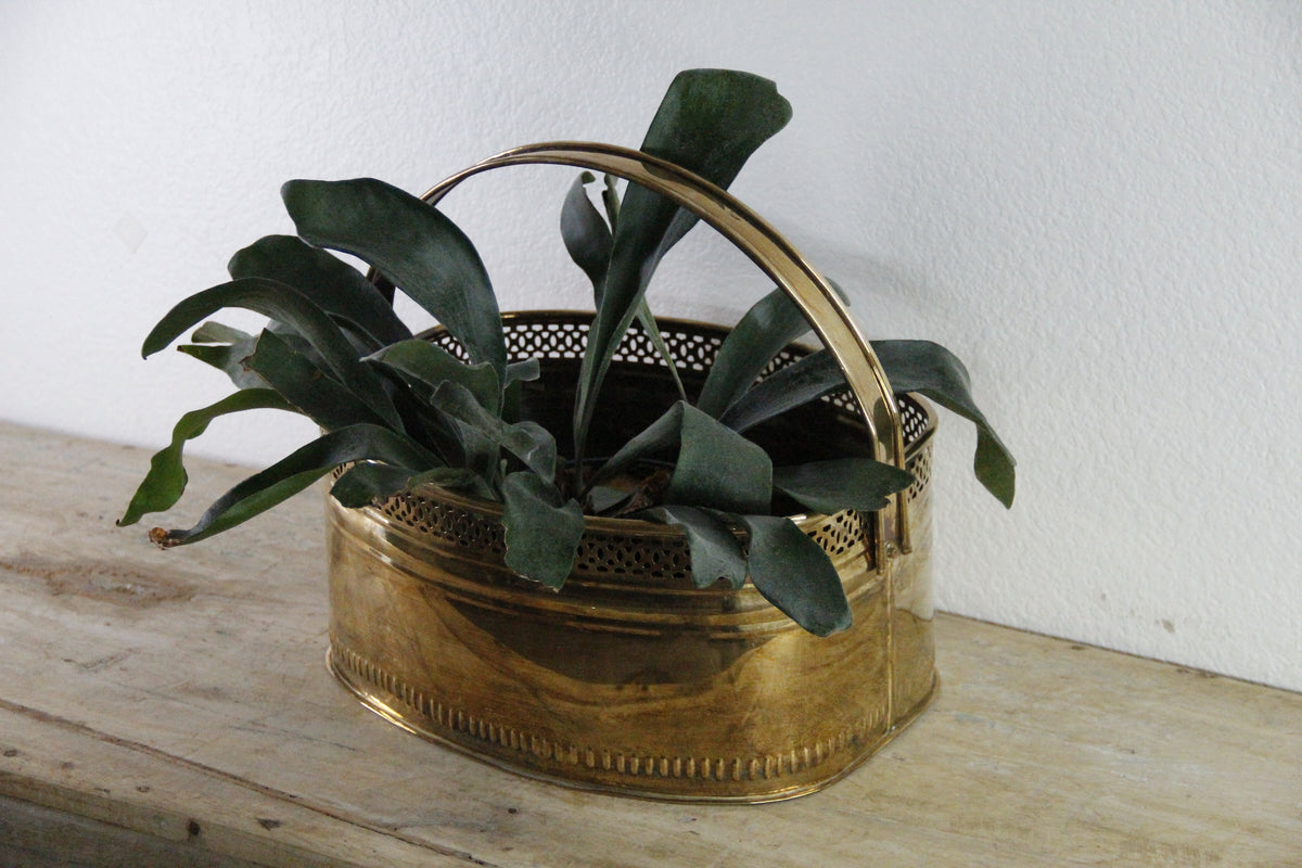 Vintage Brass Basket Planter | Large Reticulated Swing Handle