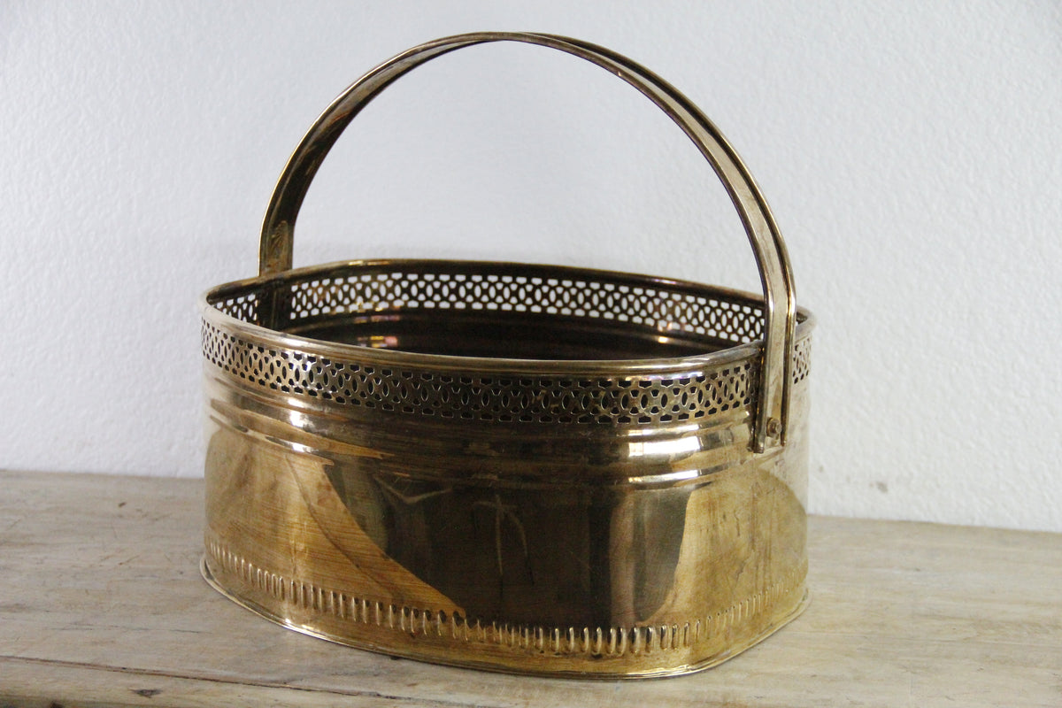 Vintage Brass Basket Planter | Large Reticulated Swing Handle