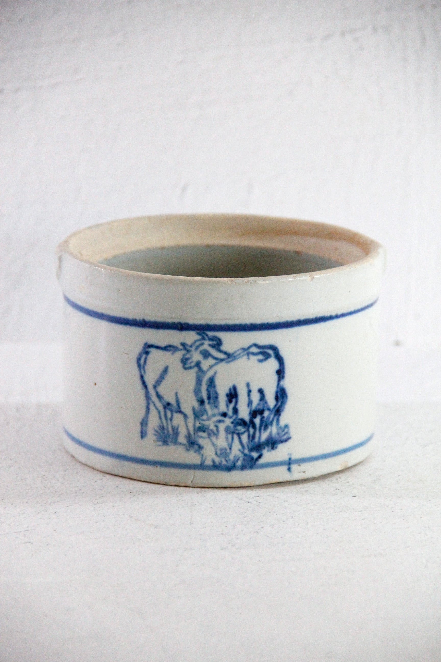 Antique Stoneware Butter Crock with Blue Cows | Primitive