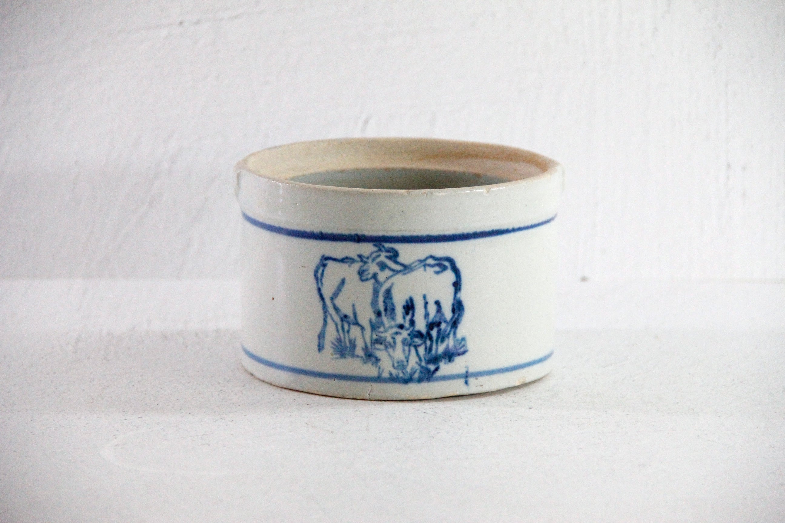 Antique Stoneware Butter Crock with Blue Cows | Primitive