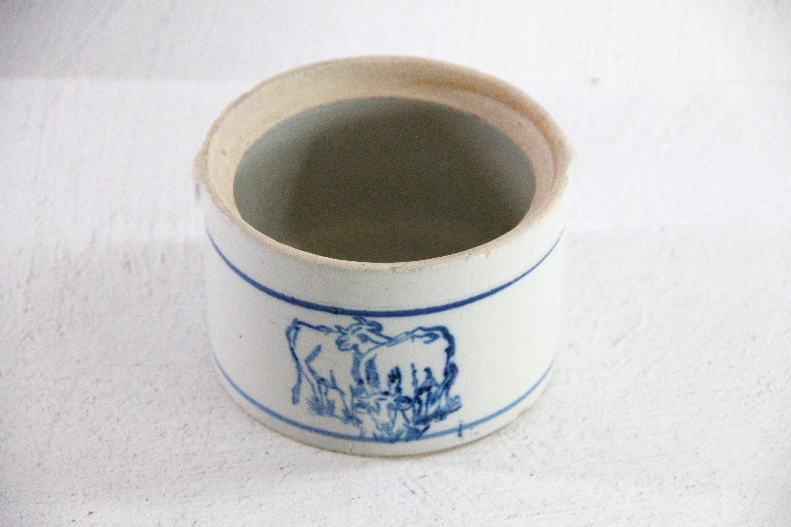 Antique Stoneware Butter Crock with Blue Cows | Primitive