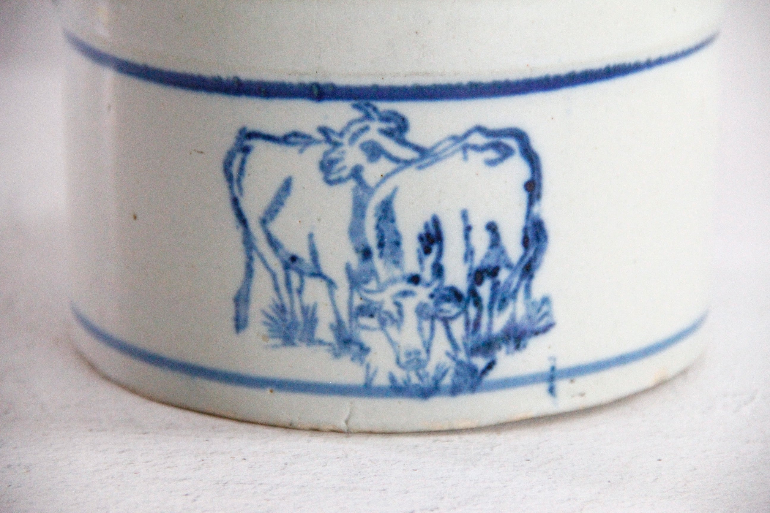 Antique Stoneware Butter Crock with Blue Cows | Primitive