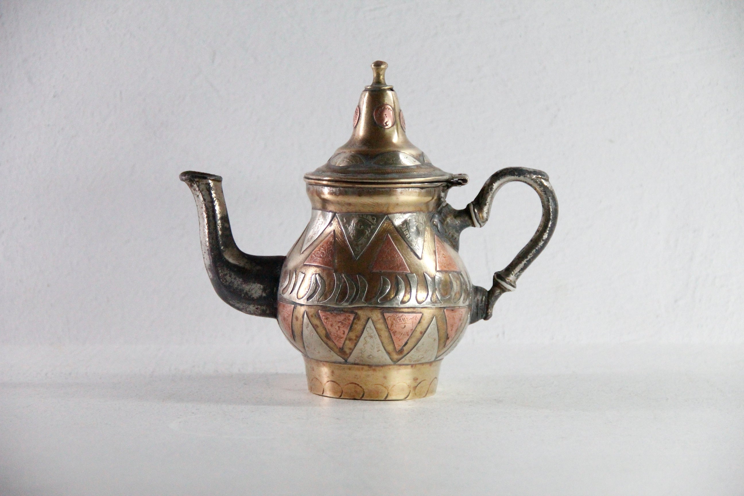 Antique Brass Teapot | Moroccan Inlaid Copper Nickel