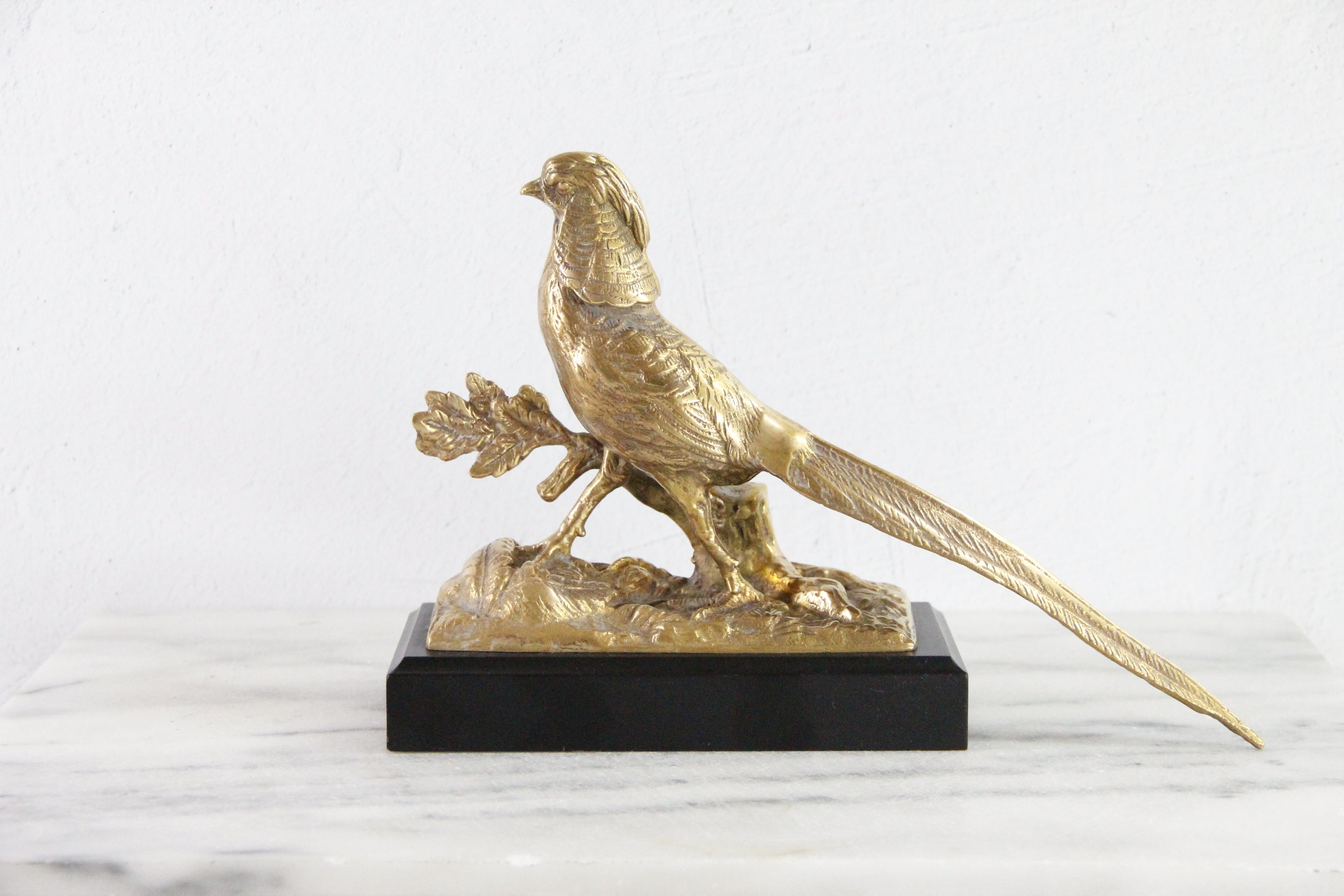 Brass Pheasant | Vintage Statue Mounted On Wood Base
