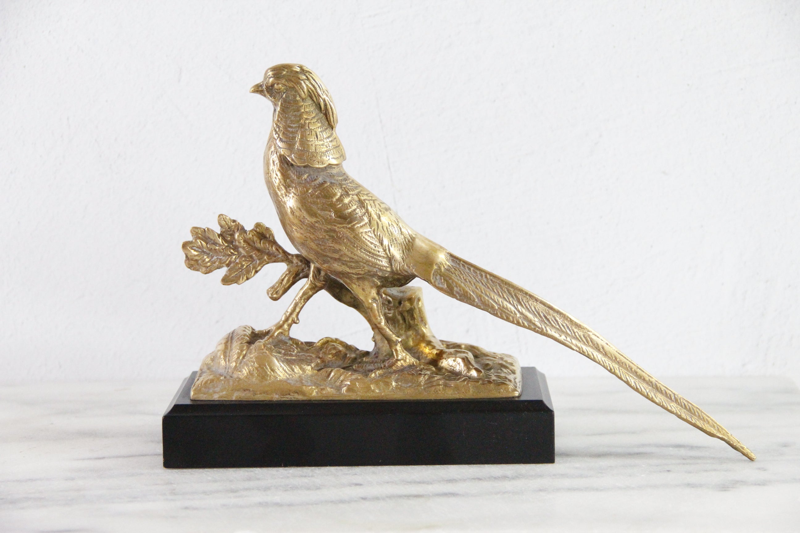 Brass Pheasant | Vintage Statue Mounted On Wood Base