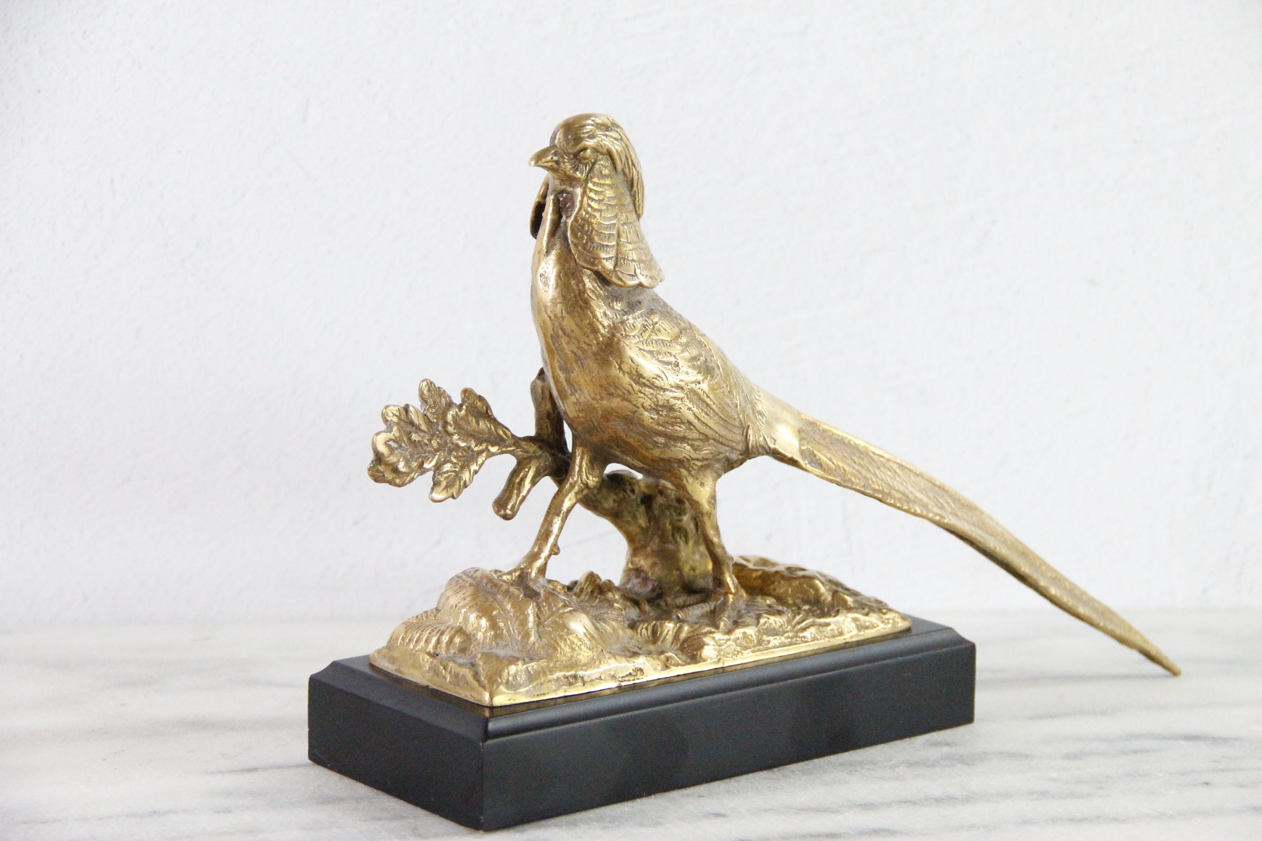 Brass Pheasant | Vintage Statue Mounted On Wood Base