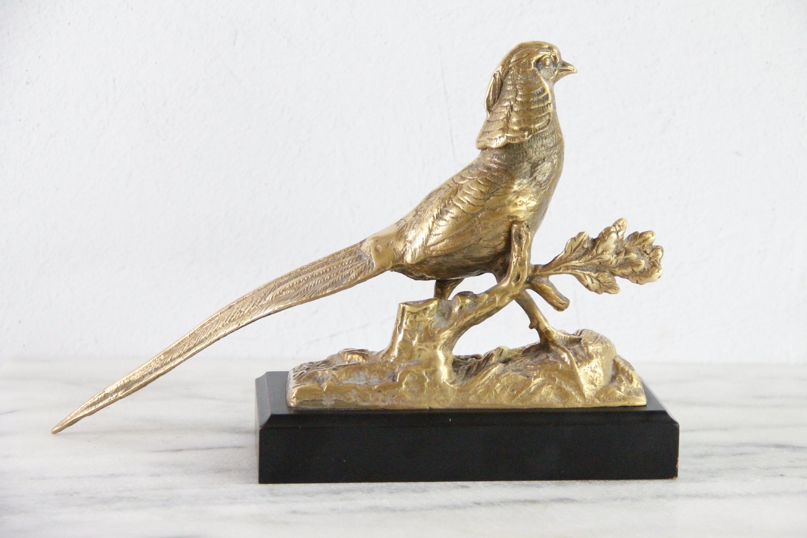 Brass Pheasant | Vintage Statue Mounted On Wood Base
